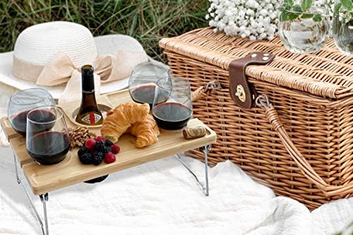 תורת הנוחות שולחן פיקניק יין במבוק | מגש מתקפל לשימוש פנים וחוץ | מתנת חובב יין מושלמת | שולחן מתקפל עם כוס